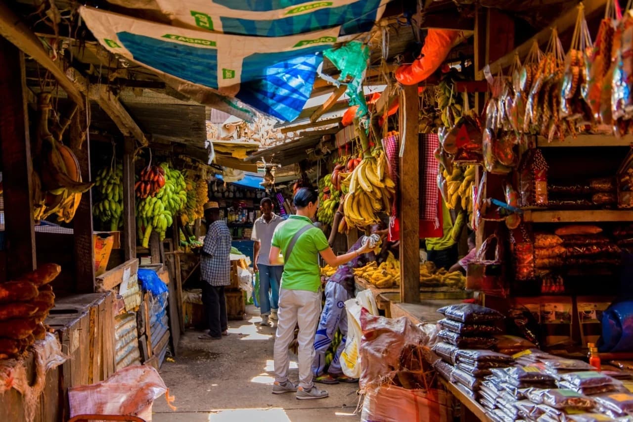 A traveler wandering through a busy Zanzibar market street, surrounded by colorful spices, culture, and the vibrant energy of a Zanzibar paradise.